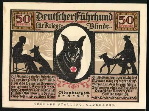 Notgeld Oldenburg 1921, 50 Pfennig, Blindenhund führt vom Wasser weg