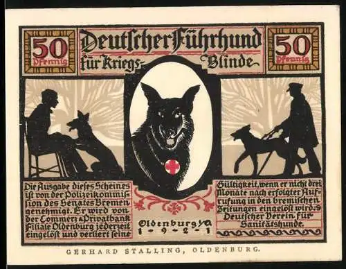 Notgeld Oldenburg 1921, 50 Pfennig, Deutscher Führhund für Kriegsblinde