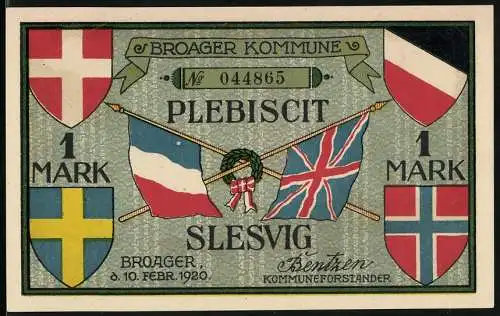 Notgeld Broager 1920, 1 Mark, Fahnen und Wappen Dänemark und Frankreich, Löwen und Kirche