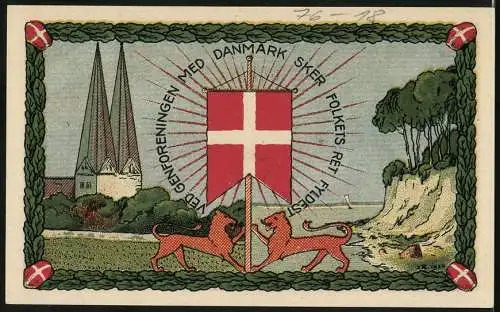 Notgeld Broager 1920, 1 Mark, Fahnen und Wappen Dänemark und Frankreich, Löwen und Kirche