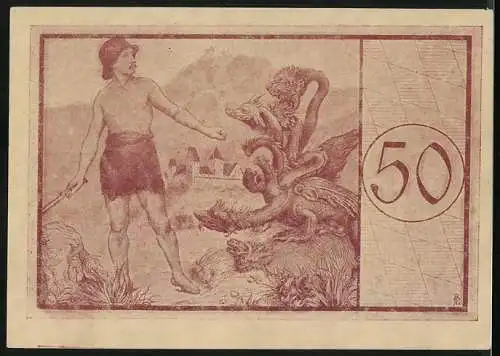 Notgeld Füssen 1918, 50 Pfennig, Stadtwappen, Drache wird bekämpft