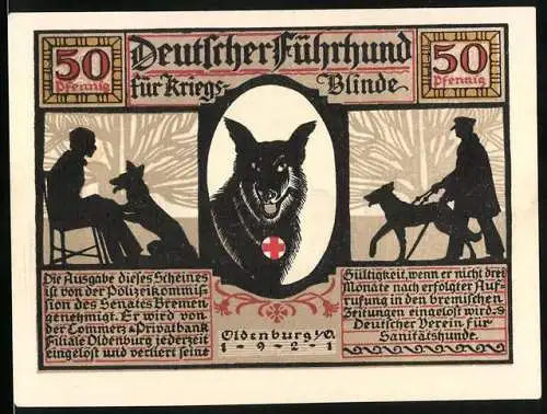 Notgeld Oldenburg 1921, 50 Pfennig, Führhund für Kriegsblinde