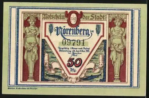 Notgeld Nörenberg 1921, 50 Pfennig, Hummer liegt in Ketten