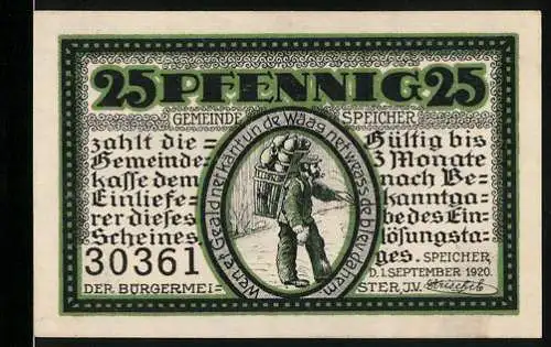 Notgeld Speicher 1920, 25 Pfennig, Wanderverkäufer mit Vasen