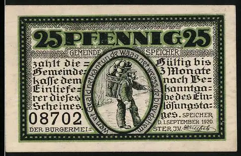 Notgeld Speicher 1920, 25 Pfennig, Verkäufer von Gefässen