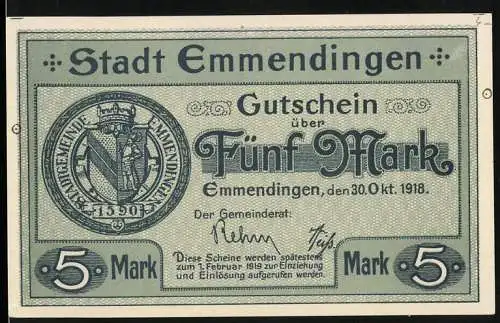 Notgeld Emmendingen 1918, 5 Mark, Stadtwappen, Rathaus