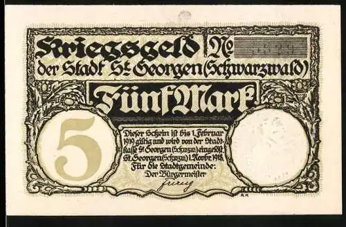 Notgeld St. Georgen 1918, 5 Mark, Stadtwappen, Prägestempel