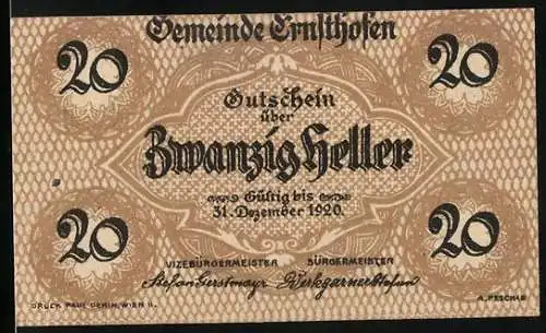 Notgeld Ernsthofen 1920, 20 Heller, Rathaus, Unterschrift vom Bürgermeister