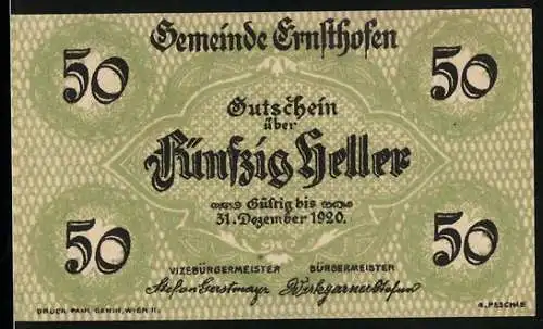 Notgeld Ernsthofen 1920, 50 Heller, Unterschrift vom Bürgermeister, Rathaus