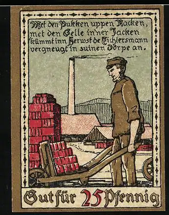 Notgeld Lage in Lippe 1921, 25 Pfennig, Bauarbeiter mit einer Schubkarre voll Ziegelsteinen