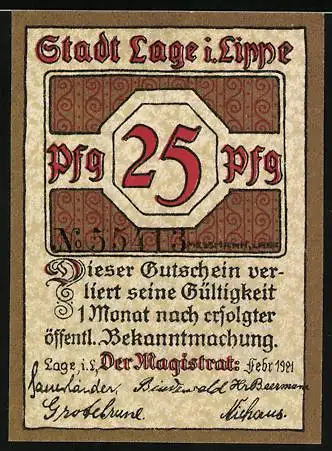 Notgeld Lage in Lippe 1921, 25 Pfennig, Bauarbeiter mit einer Schubkarre voll Ziegelsteinen