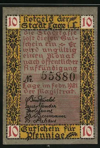 Notgeld Lage in Lippe 1921, 10 Pfennig, Bauarbeiter verlegt Ziegelsteine