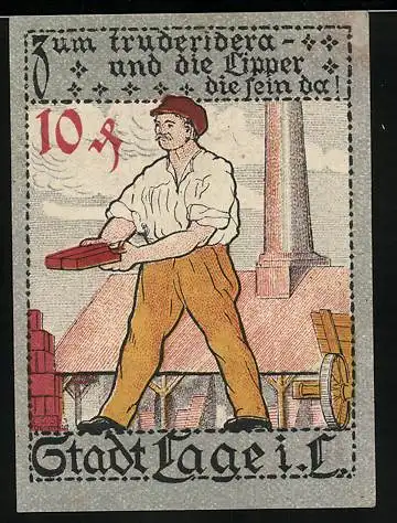 Notgeld Lage in Lippe 1921, 10 Pfennig, Bauarbeiter verbaut Ziegelsteine