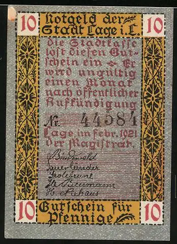 Notgeld Lage in Lippe 1921, 10 Pfennig, Bauarbeiter verbaut Ziegelsteine