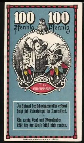 Notgeld Mölln i. Lbg., 100 Pfennig, Till Eulenspiegel betrachtet sein Spiegelbild