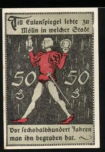 Notgeld Mölln i. Lbg., 50 Pfennig, Ortsansicht mit Kirche, Till mit Eule und Spiegel