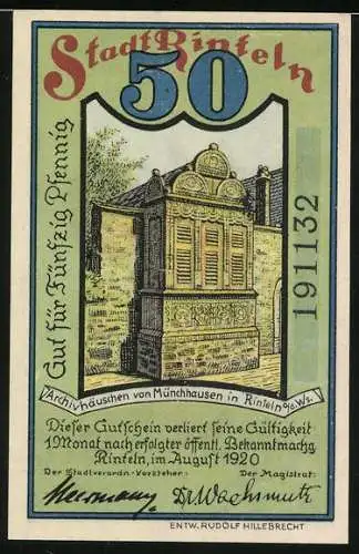 Notgeld Rinteln 1920, 50 Pfennig, Archivhäuschen von Münchhausen, Ritt auf der Kanonenkugel