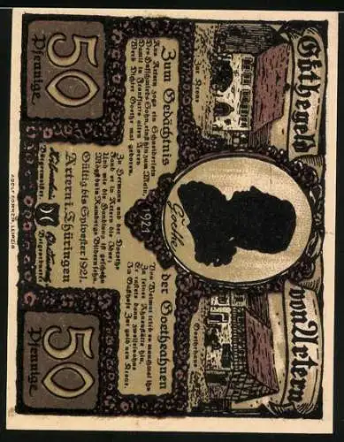 Notgeld Artern i. Thüringen 1921, 50 Pfennig, Mann und Frau am Brunnen, Gasthaus Zur Krone, Goethehaus