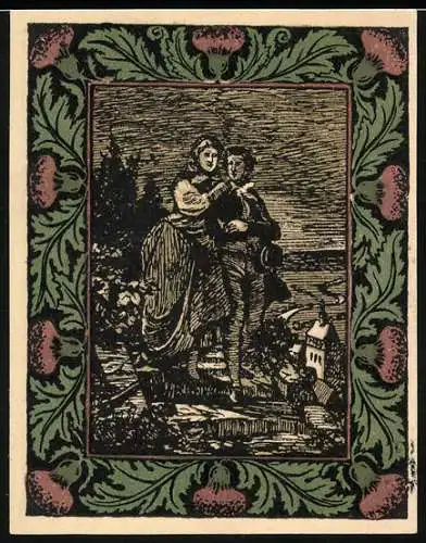 Notgeld Artern i. Thüringen 1921, 50 Pfennig, Junges Paar beim Wandern, Goethe-Silhouette