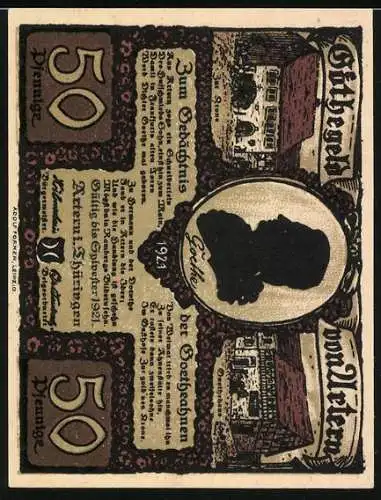 Notgeld Artern i. Thüringen 1921, 50 Pfennig, Junges Paar beim Wandern, Goethe-Silhouette