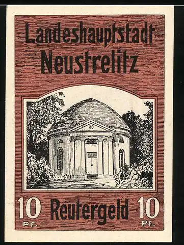 Notgeld Neustrelitz, 10 Pfennig, Brunnen und Pavillon