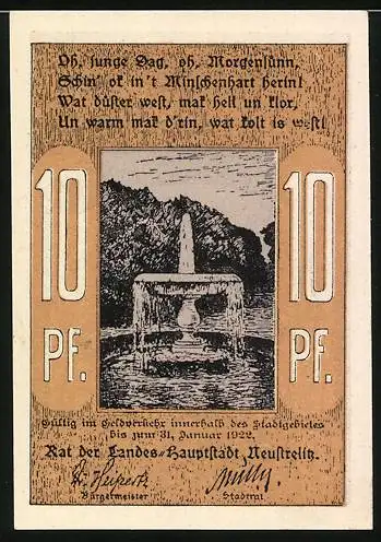 Notgeld Neustrelitz, 10 Pfennig, Brunnen und Pavillon