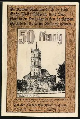 Notgeld Neustrelitz, 50 Pfennig, Kirche und Rathaus