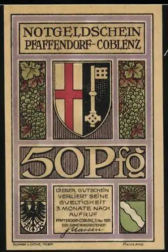 Notgeld Pfaffendorf-Coblenz 1921, 50 Pfennig, Wappen und Handreiche über den Rhein