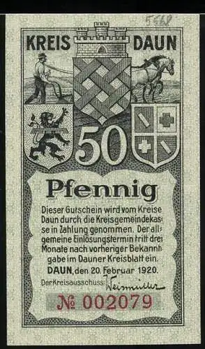 Notgeld Daun 1920, 50 Pfennig, Toten Maar bei Daun