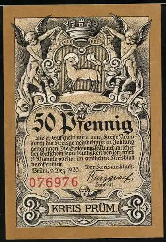 Notgeld Prüm 1920, 50 Pfennig, Die Abtei der Ortschaft