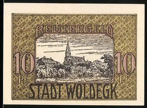 Notgeld Woldegk, 10 Pfennig, Teilansicht mit örtlicher Kirche