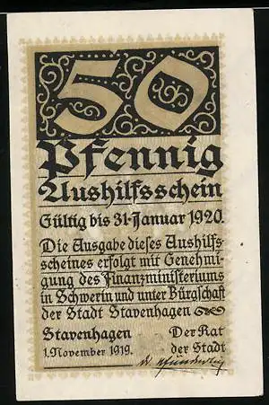 Notgeld Stavenhagen 1919, 50 Pfennig, Konterfei von Fritz Reuter