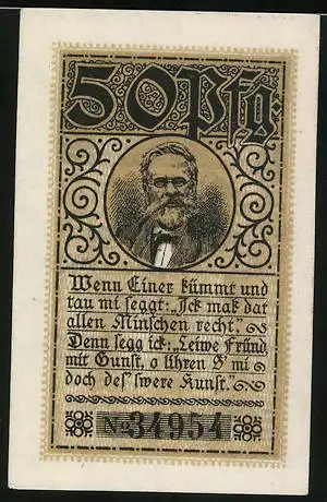 Notgeld Stavenhagen 1919, 50 Pfennig, Konterfei von Fritz Reuter