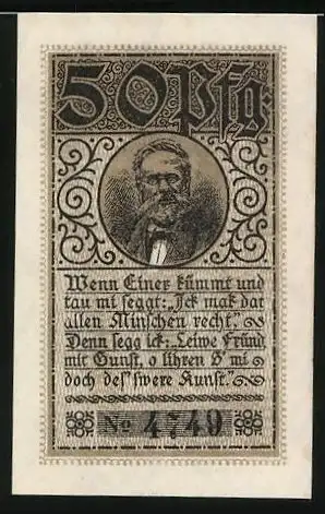Notgeld Stavenhagen 1919, 50 Pfennig, Portrait von Fritz Reuter