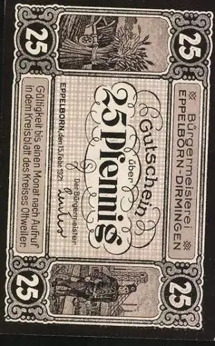 Notgeld Eppelborn-Dirmingen 1921, 25 Pfennig, Die Kaisereiche zu Eppelborn, Bergbauarbeiter