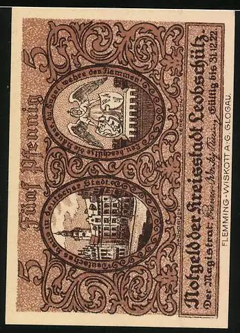 Notgeld Leobschütz, 5 Pfennig, Karte mit der Ortschaft, Unteilbar. Der Scholle treu und treu dem deutschen Vaterland!