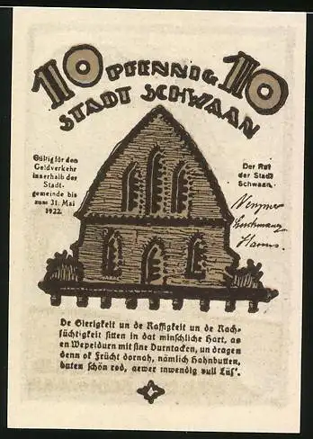 Notgeld Schwaan, 10 Pfennig, Blick auf die örtliche Kirche