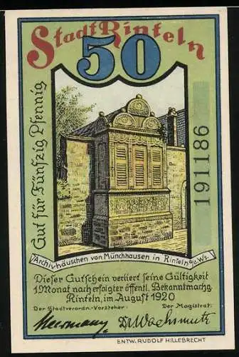 Notgeld Rinteln 1920, 50 Pfennig, Archivhäuschen Münchhausens, Ritt auf der Kanonenkugel