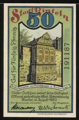 Notgeld Rinteln 1920, 50 Pfennig, Archivhäuschen Münchhausens, Ritt auf der Kanonenkugel an der Festung