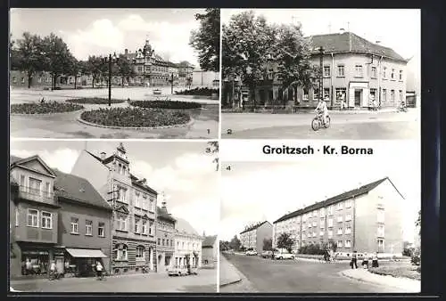 AK Groitzsch / Sa., Platz des Friedens, Blick zur Linden-Drogerie, Neubaugebiet