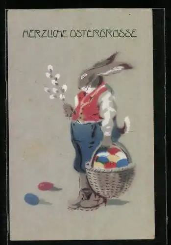 AK Osterhase mit Weidenkätzchen und Korb voller Ostereier