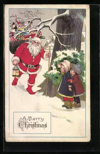AK Weihnachtsmann trifft im Schnee auf zwei neugierige Kinder