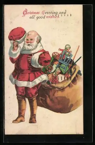 AK Weihnachtsmann nimmt seine Mütze von der schillernden Glatze