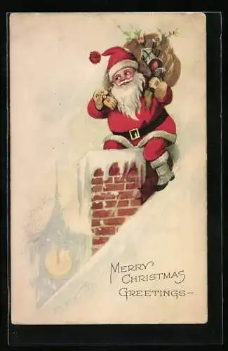 AK Weihnachtsmann sitzt auf dem Schornstein