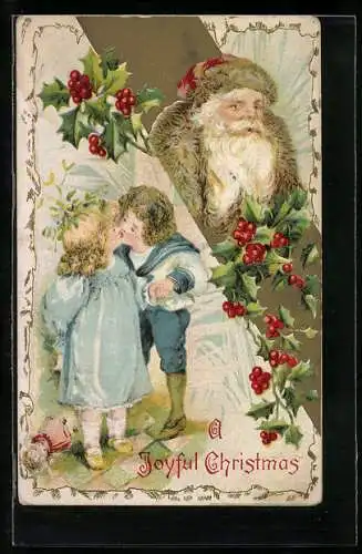 AK Weihnachtsmann und ein küssendes Kinderpärchen