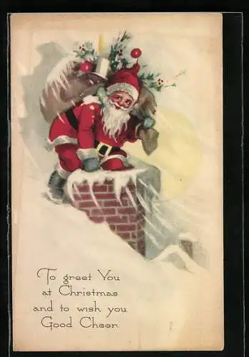 AK Weihnachtsmann klettert fröhlich in den Schornstein
