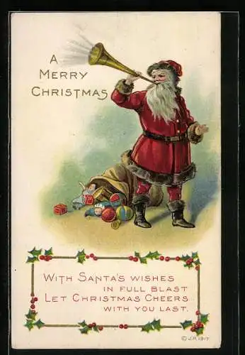AK Weihnachtsmann mit Trompete und Geschenken, Santa