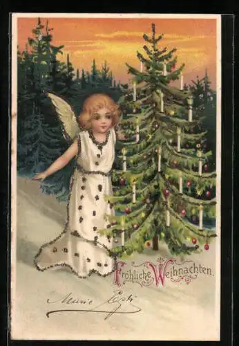 AK Weihnachtsengel mit geschmückten Tannenbaum in der Dämmerung