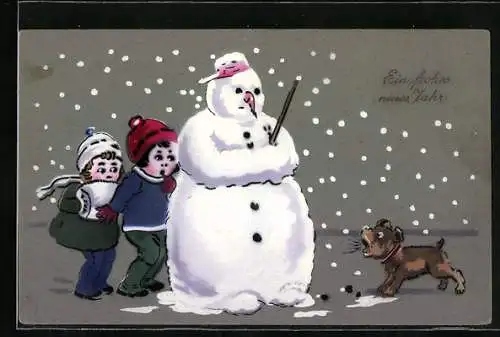 AK Schneemann beschützt Kinder vor einem bellenden Hund