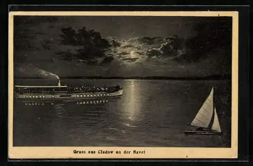 AK Berlin-Kladow, Cladow an der Havel, Flusspanorama im Mondschein mit einem Dampfer